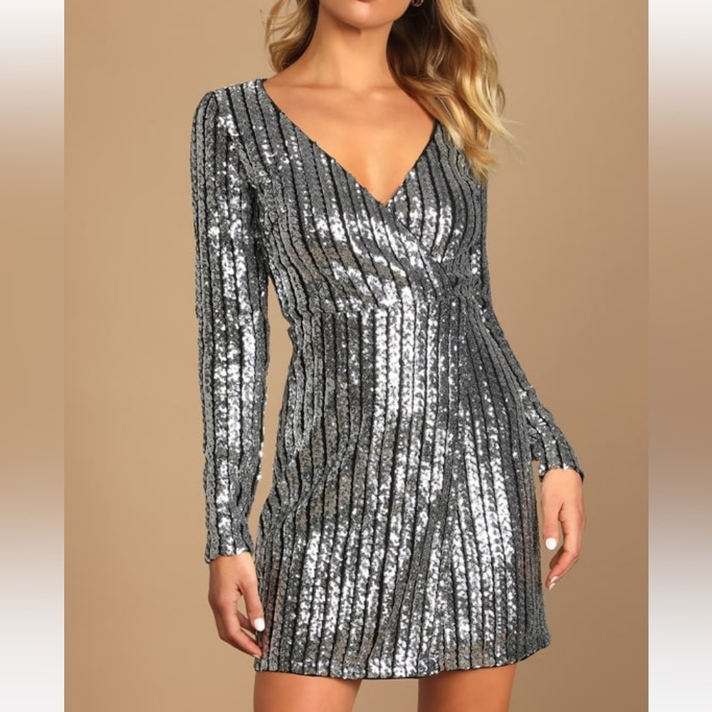 Lulus Party Starts Now Silver Sequin Long Sleeve Tulip Mini Dress